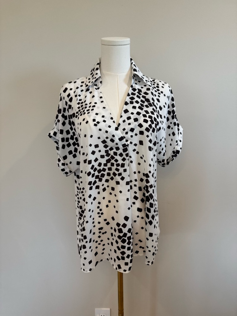 CAbi Black & White Abstract Dot V-Neck Blouse